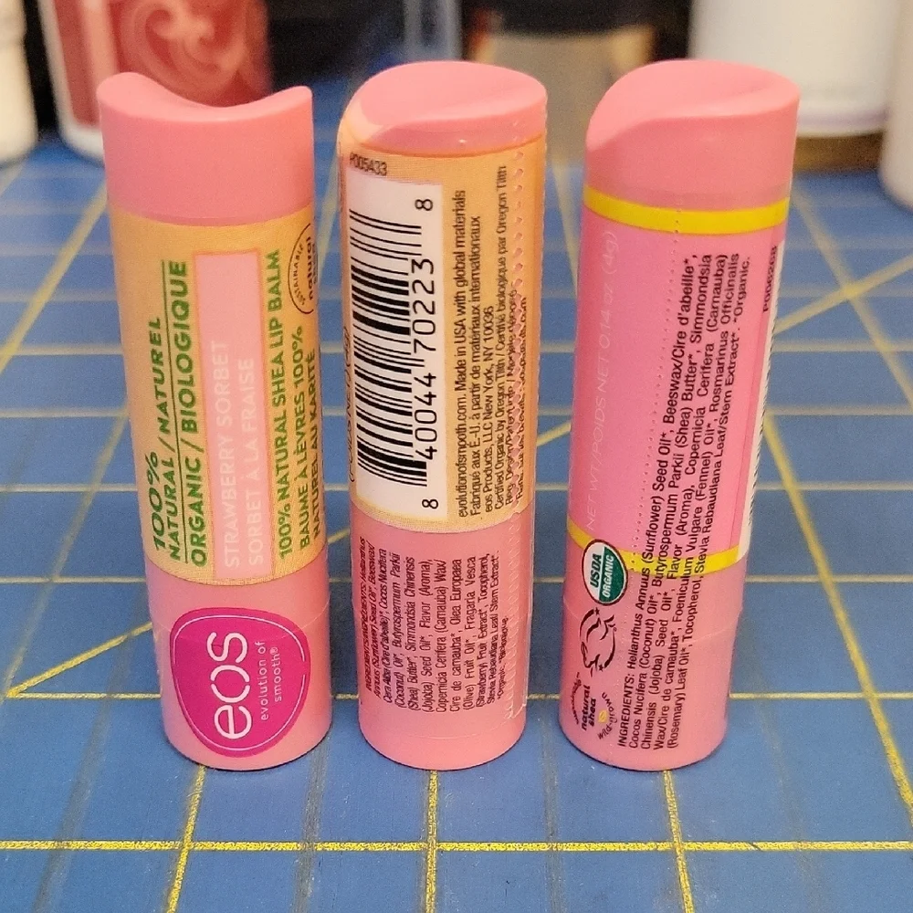 EOS Organic Strawberry Sorbet 100% Natural Lip Balm 4g each Set of 3 New Sealed